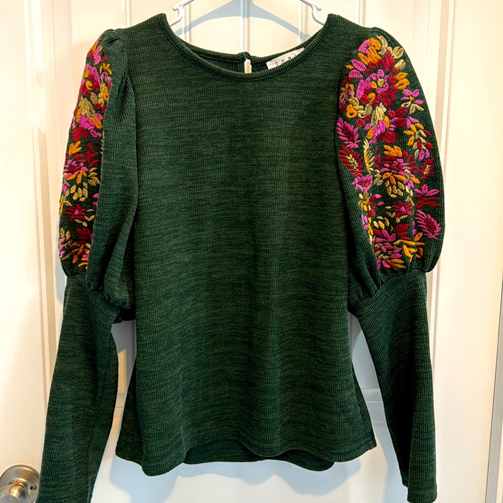 THML Forest Green Sweater Top with Pink & Orange Floral Embroidered Puff Sleeves